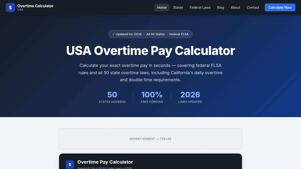Overtime Calculator USA — Federal FLSA & All 50 States | Free 2026